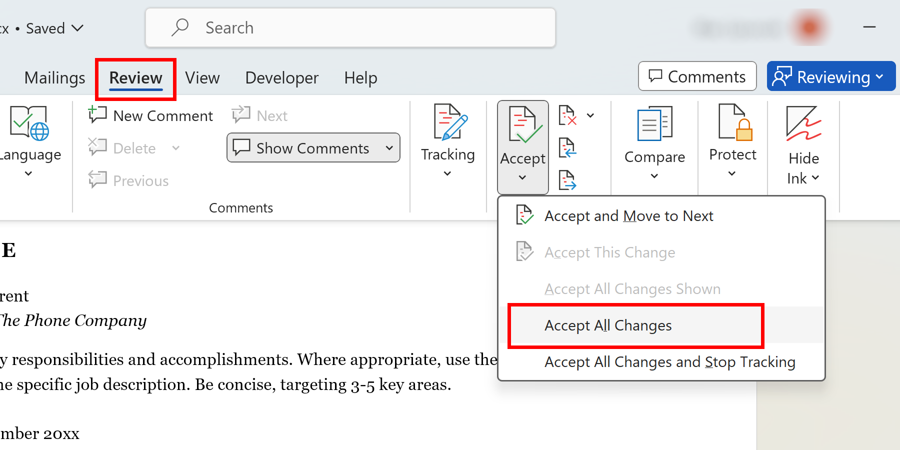 Accept All Changes in Microsoft Word