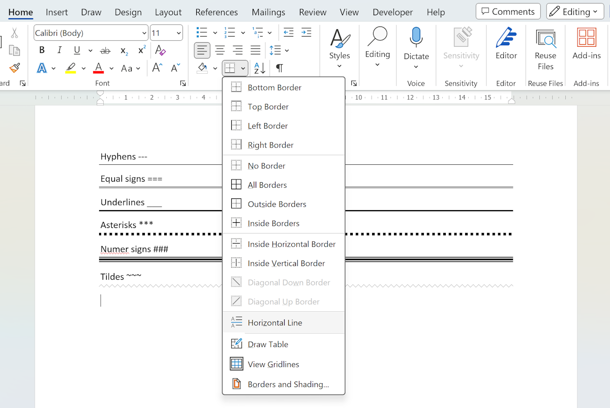Adding a horizontal line using the border tool in Word