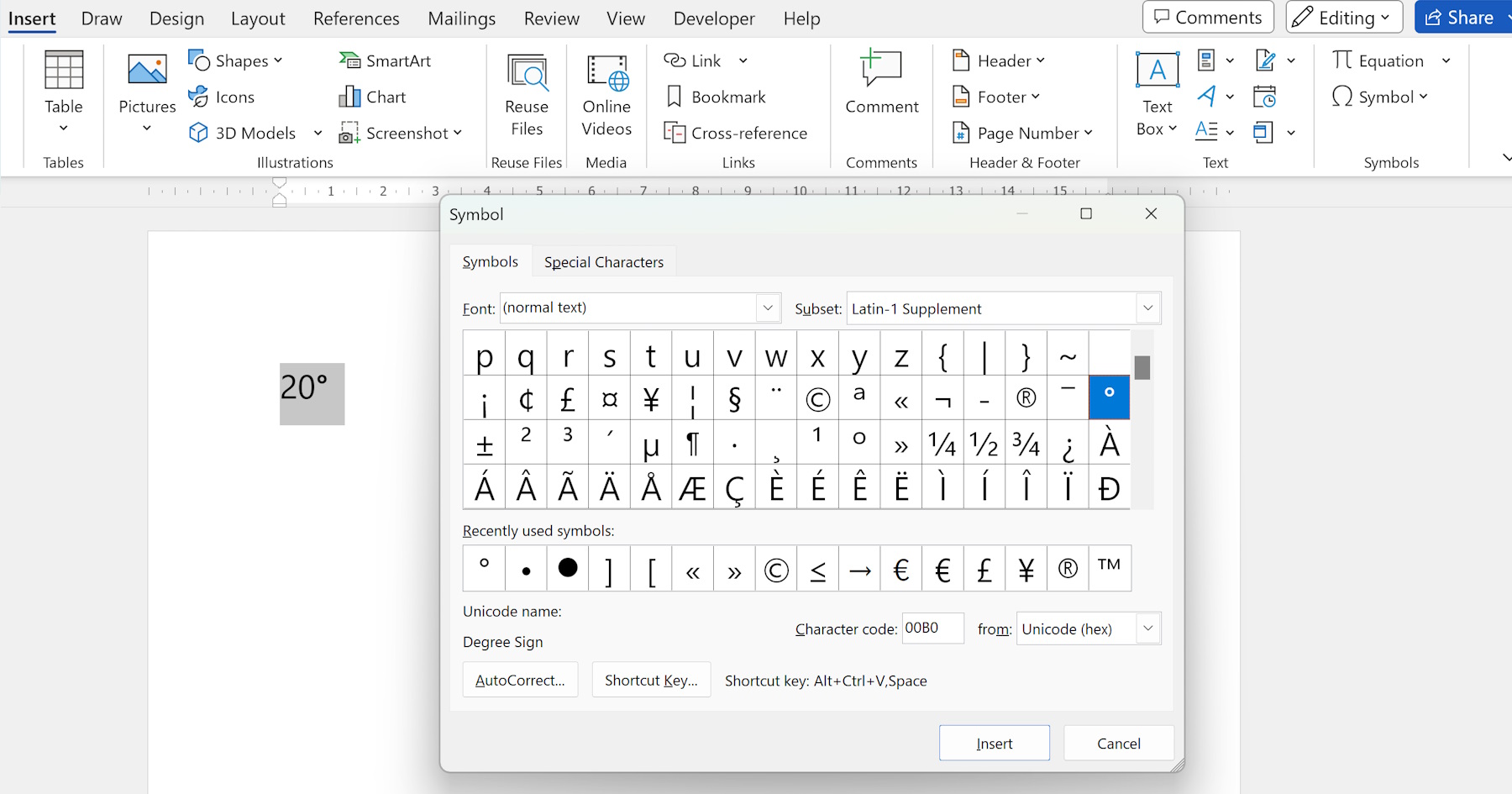 Learn how to insert the degree symbol in Word using various methods, including the Symbol menu, AutoCorrect options, keyboard shortcuts, and the Equation Editor.