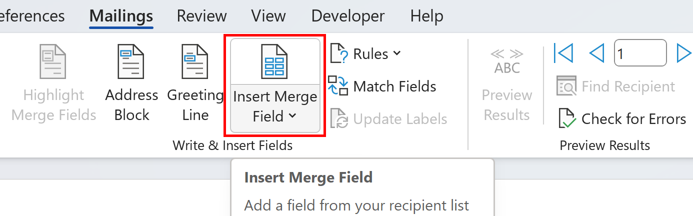 Insert a merge field in Microsoft Word