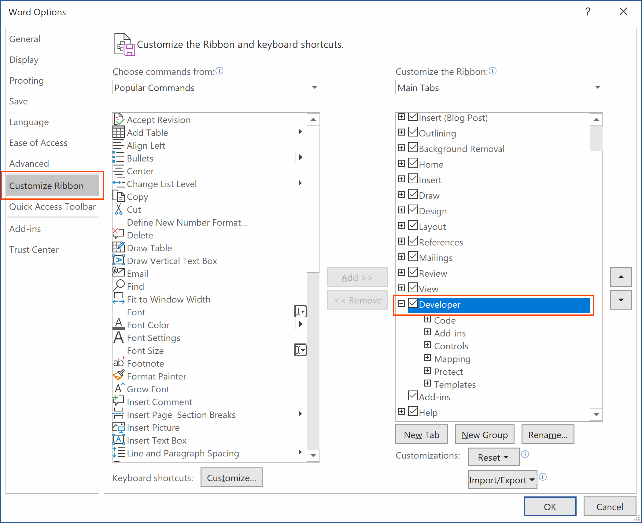Developer checkbox tab in Customize Ribbon dialog in Microsoft Word
