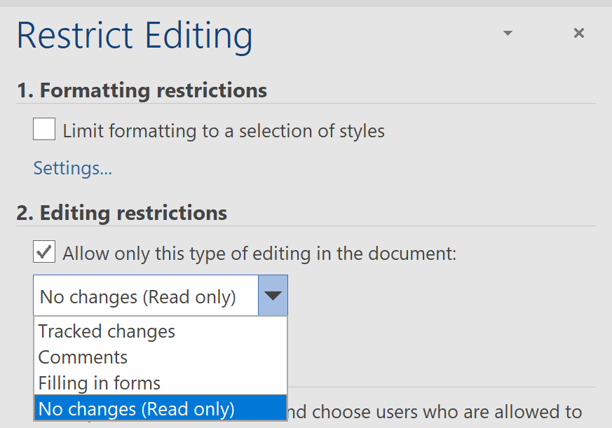 Restrict editing panel in Microsoft Word
