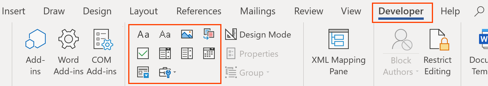 Content controls in Developer tab in Microsoft Word