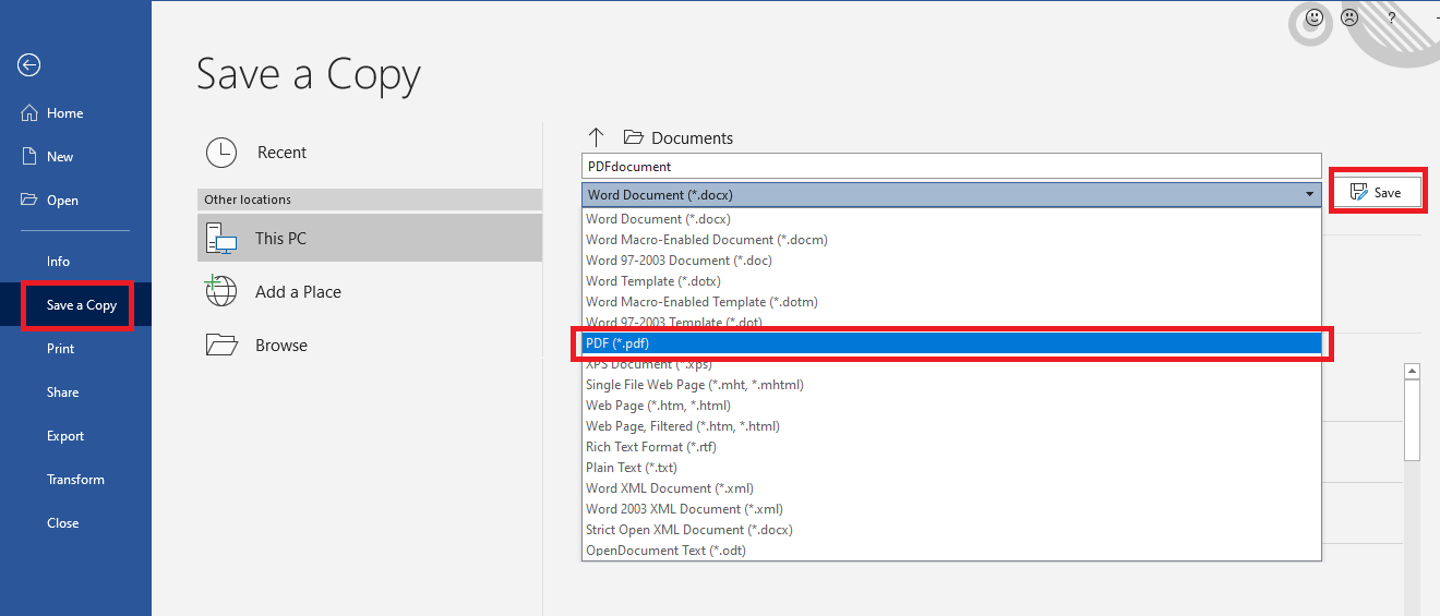 Saving the Word document to PDF format