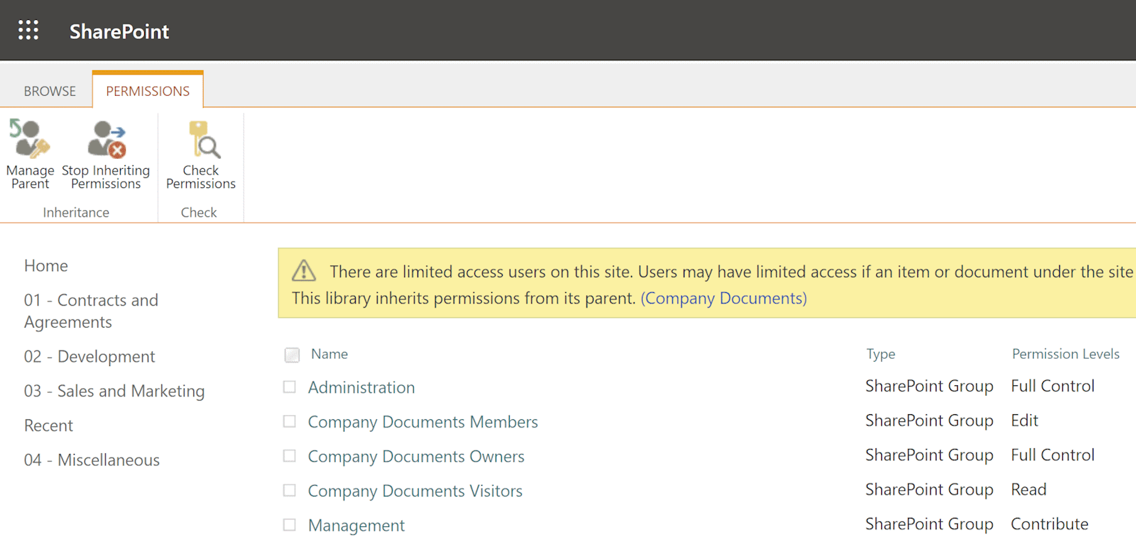 Permissions page with inherited permissions for the document library in SharePoint