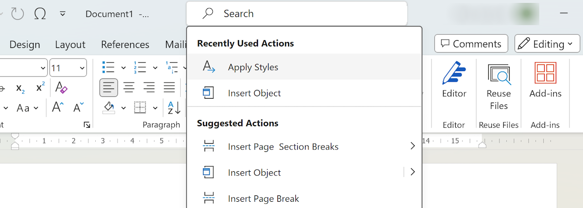 Find specific Microsoft Word features with search box