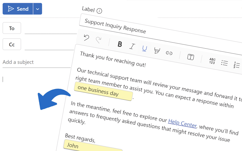 Text snippets with fillable fields for teams