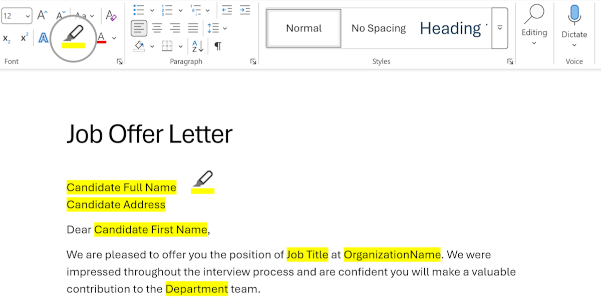 Highlight the parts that change in your Word document in yellow.