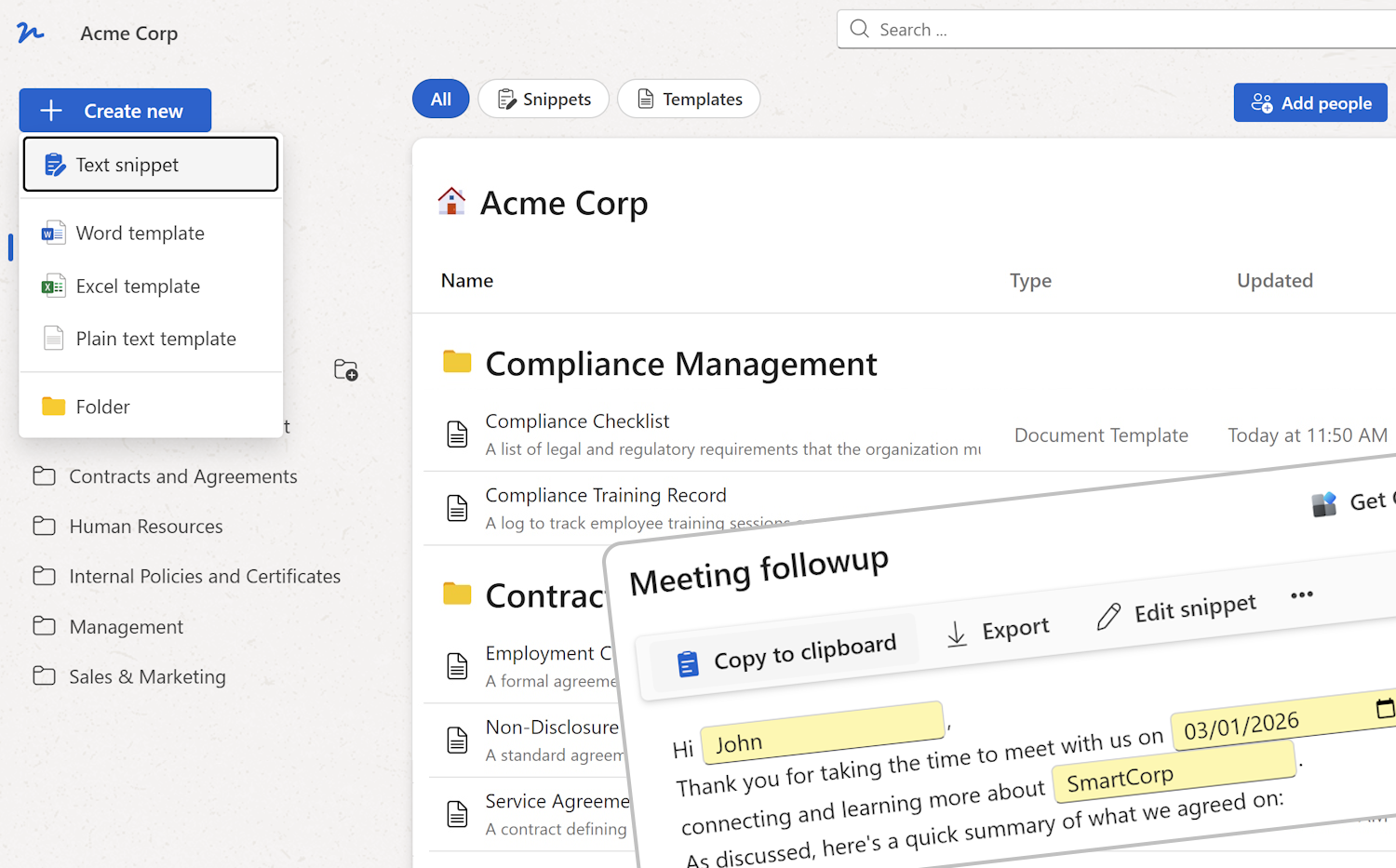 A shared WordFields workspace showing folders, templates, and team members