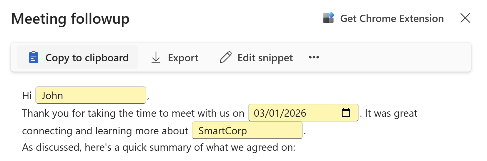 Copy button in toolbar to copy snippet text to clipboard