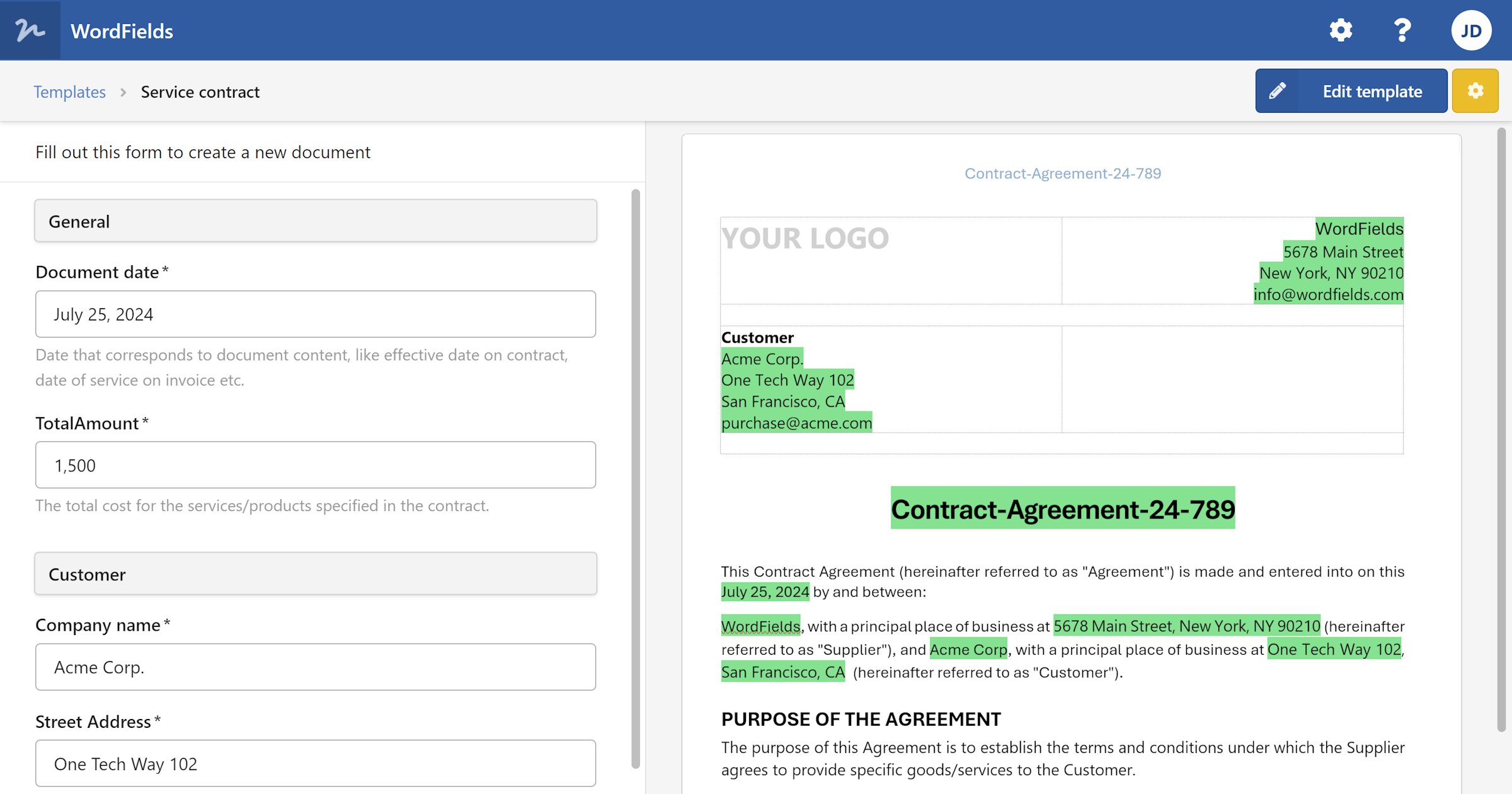 A page with template form fields and preview used to create a new document