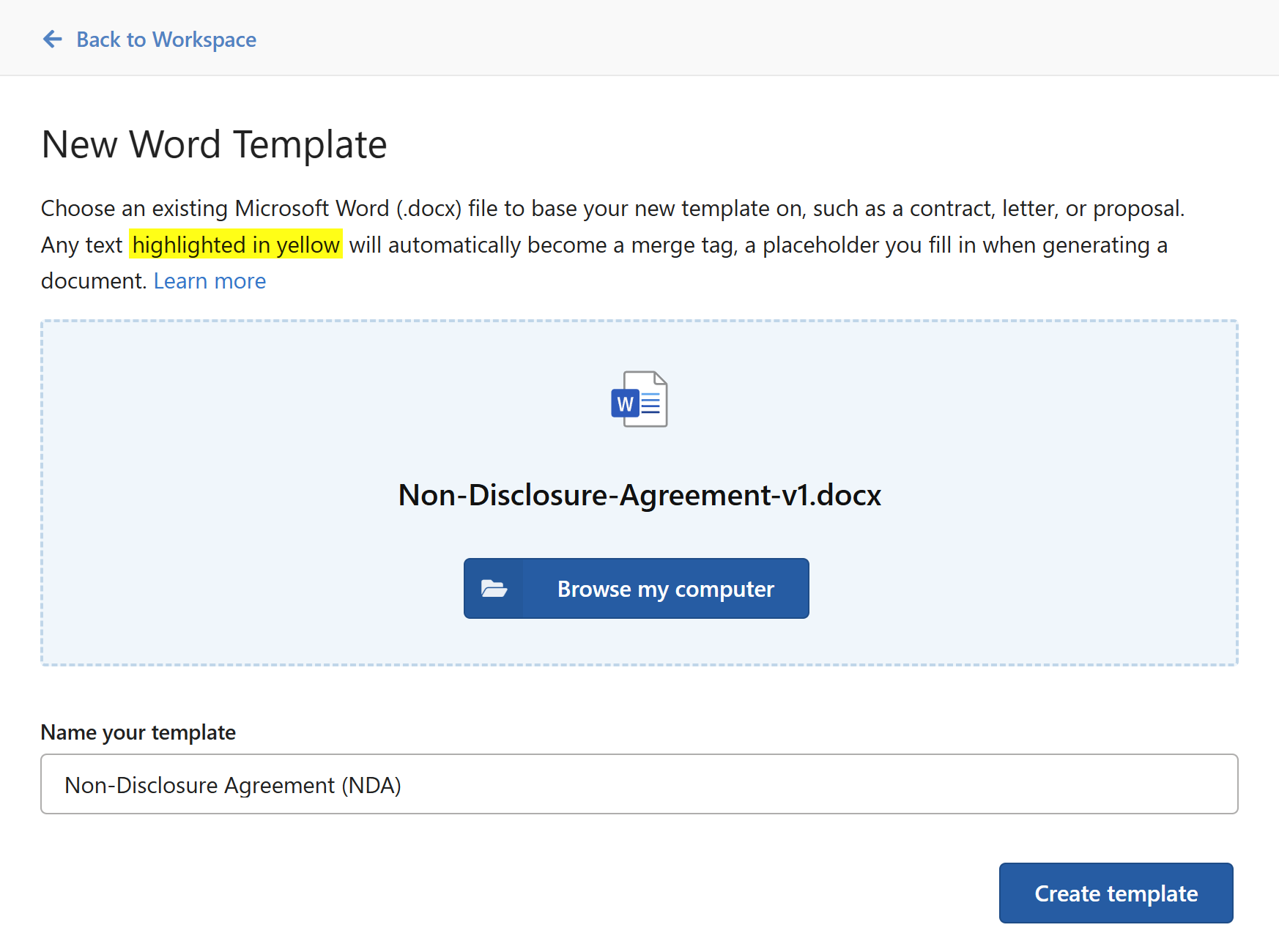 Create a new template dialog with an upload field and template name input box