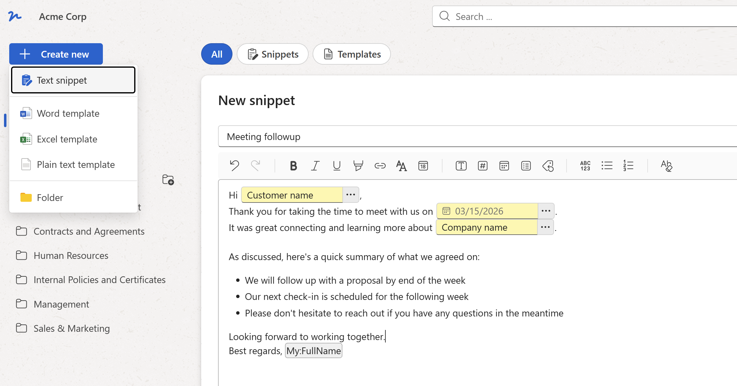The WordFields snippet editor with a text snippet open