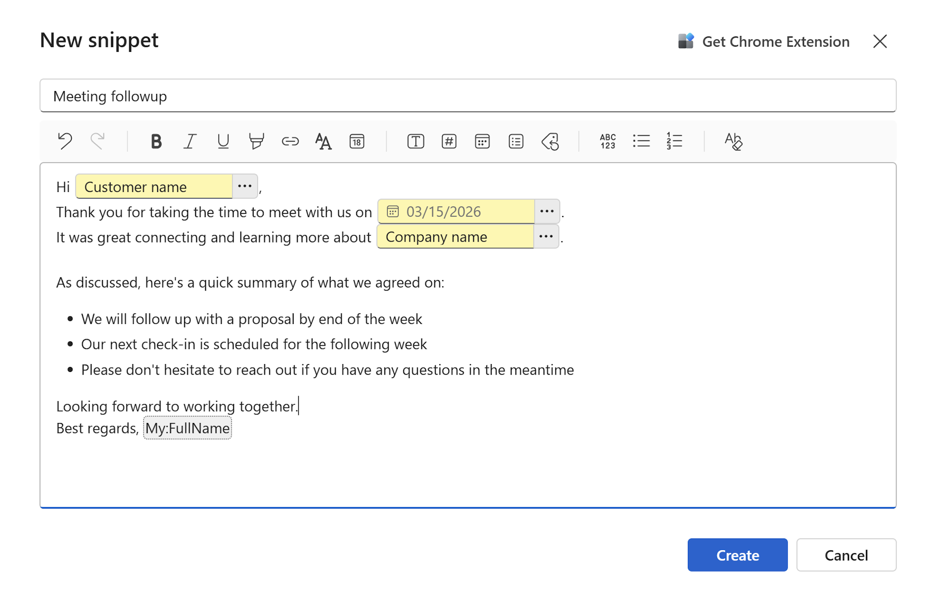 Create a new snippet dialog with rich text editor and snippet name input box