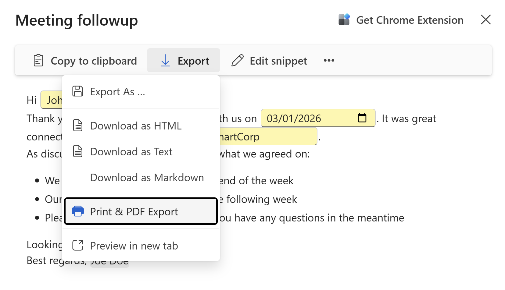 Export menu with options to export snippet or print it
