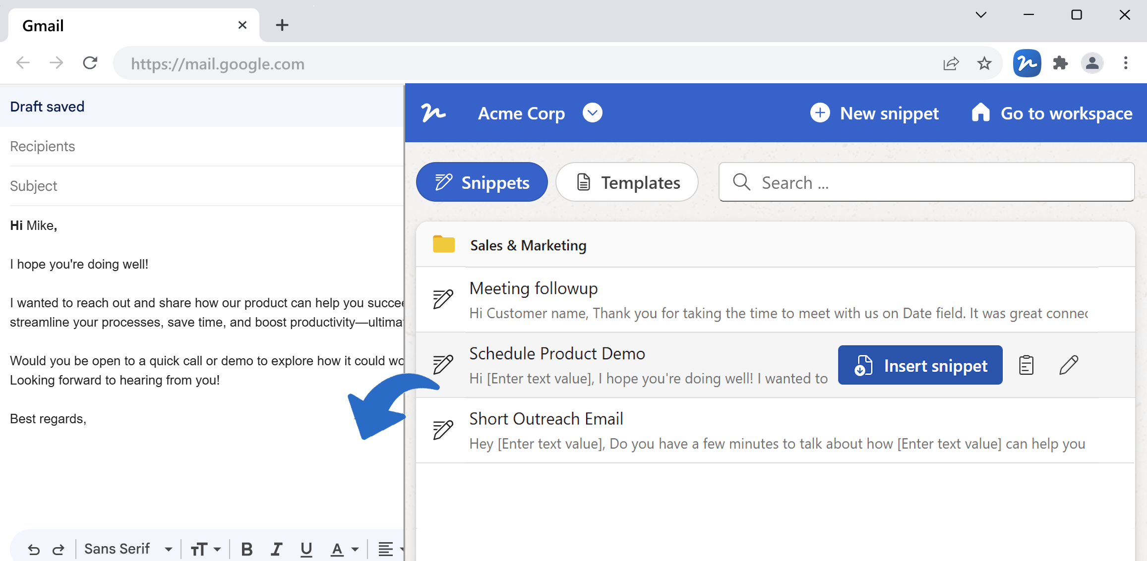 Inserting a email snippet into Gmail composer using a Chrome extension