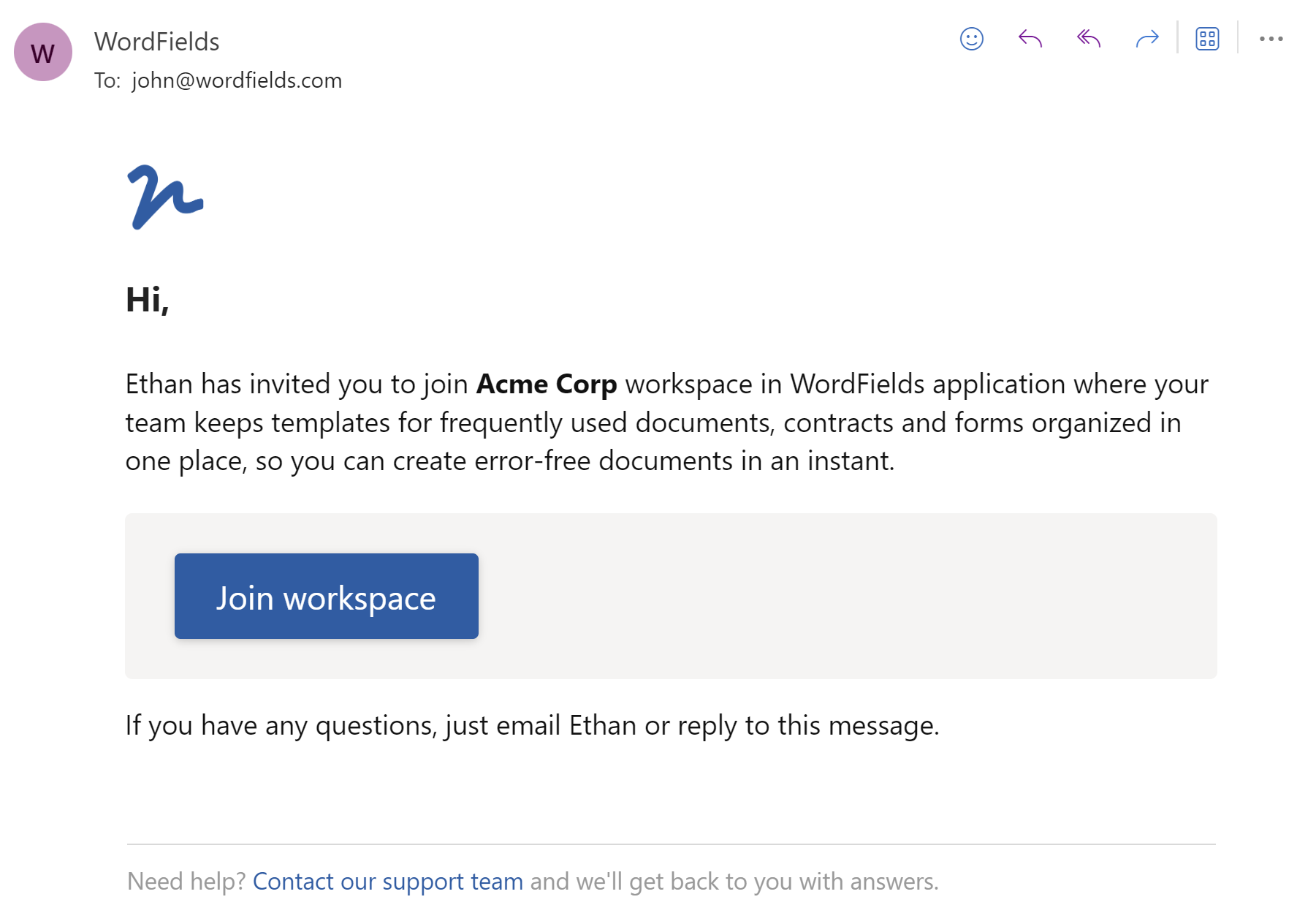 An invitation email to join WordFields workspace