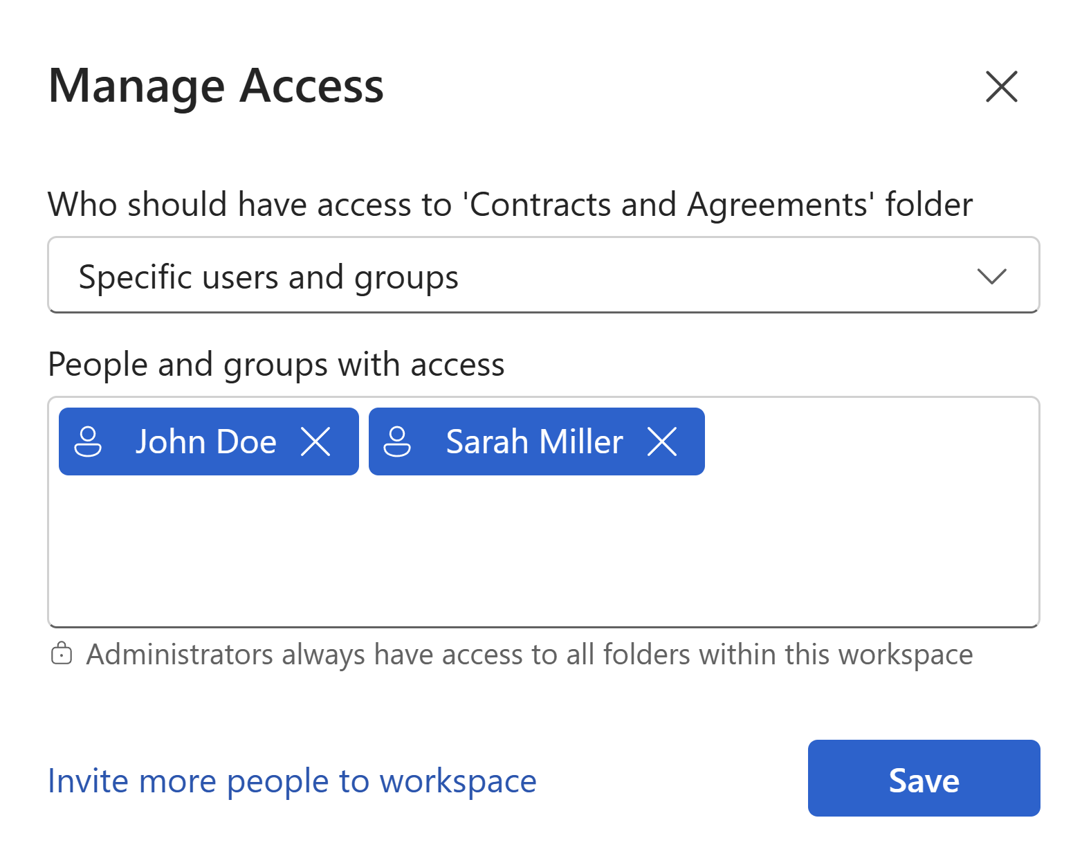 Add users or groups to the folder access list