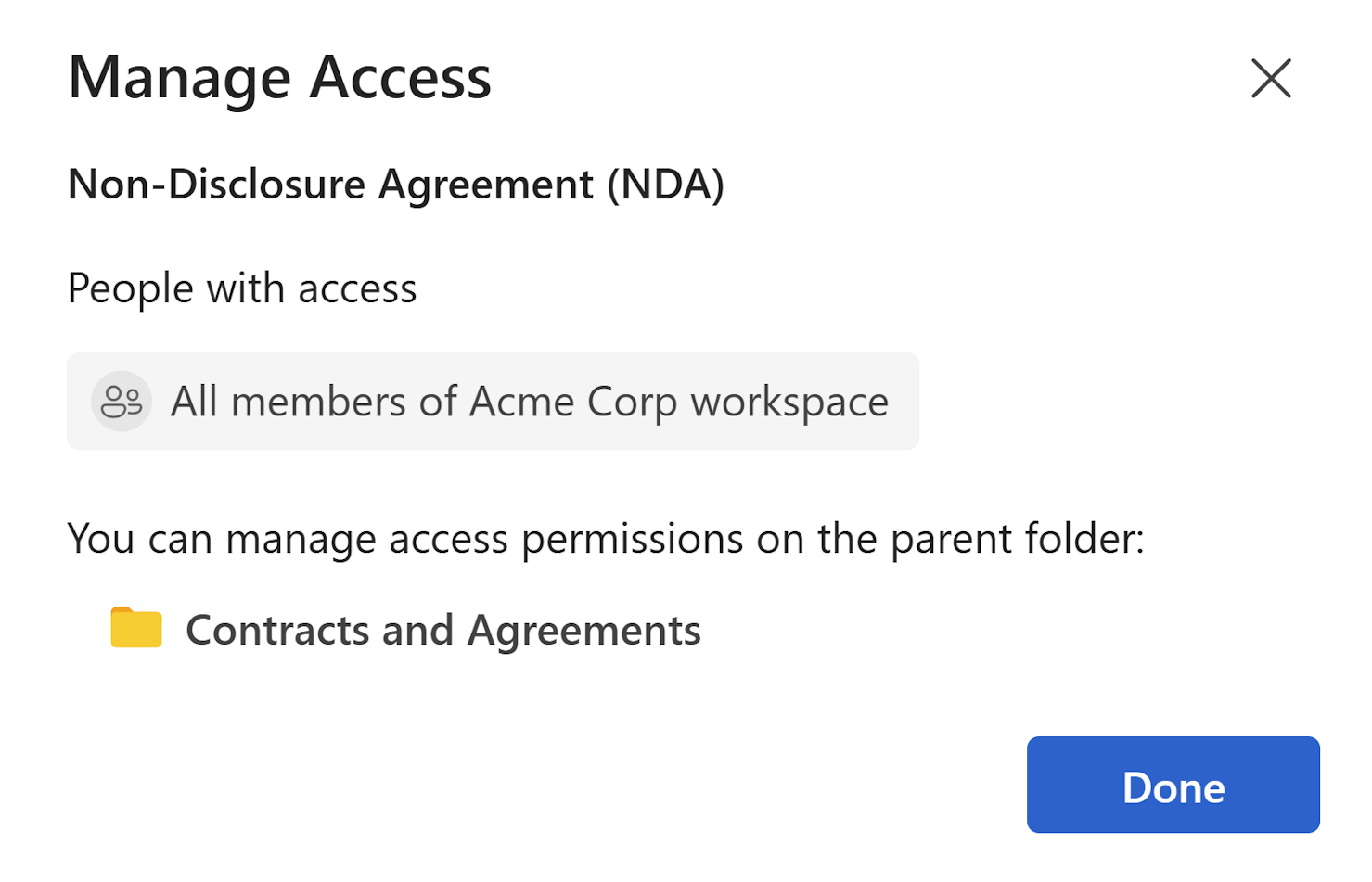 Workspace item access permission dialog