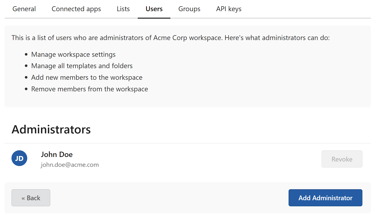 Page to assign or revoke administrator permissions on the workspace