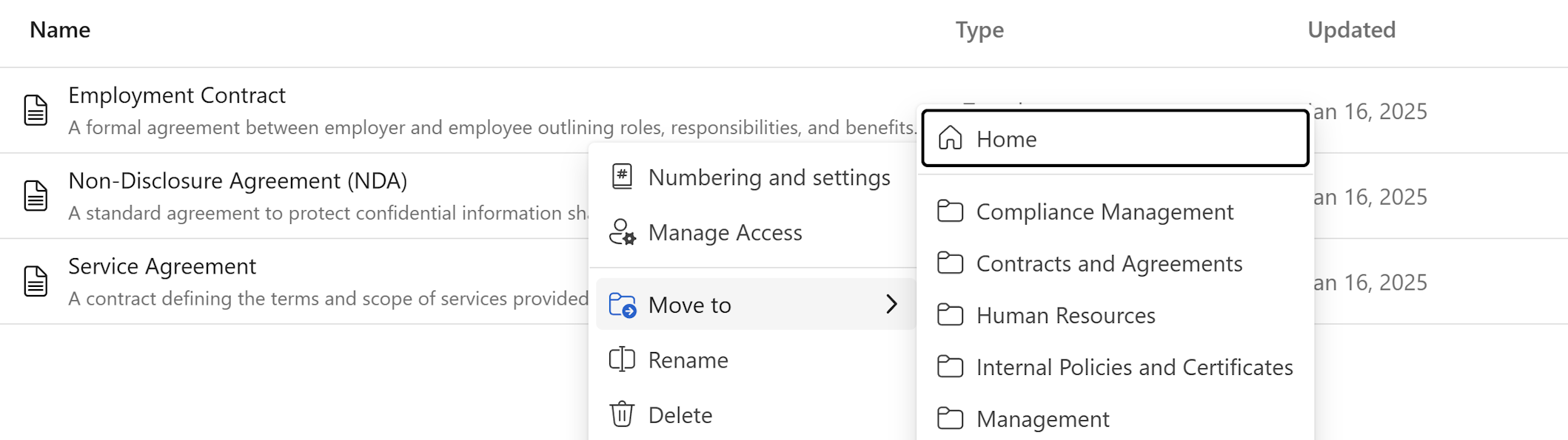 Menu to select a folder where to move a template or snippet