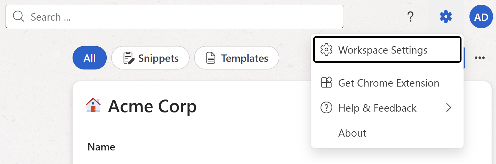 Opened menu with workspace setting item in workspace main view