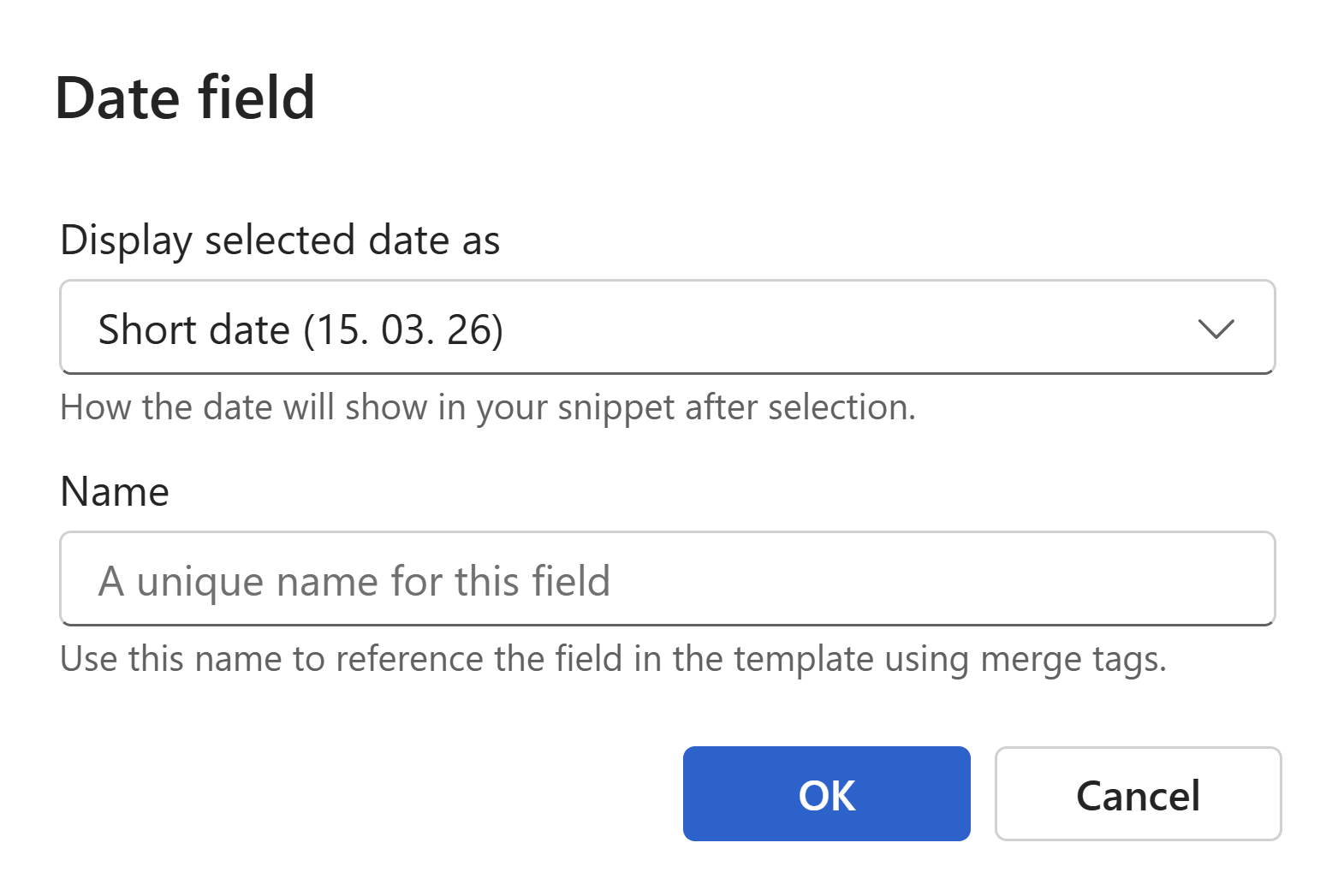 Snippet date field dialog