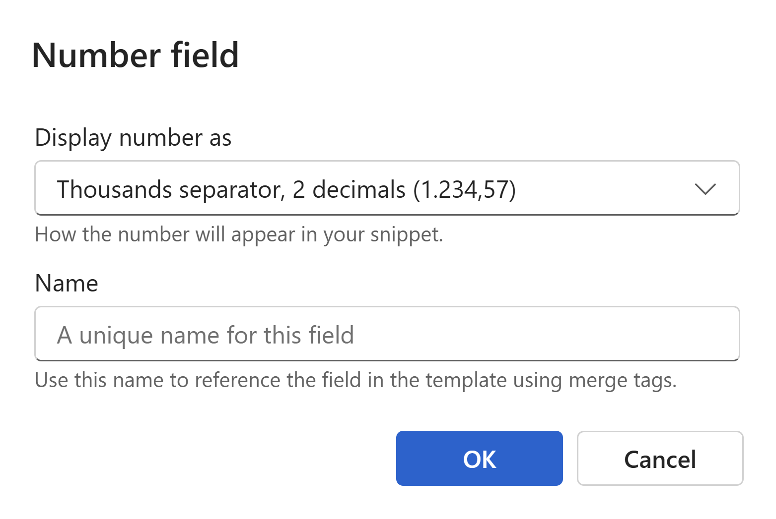Snippet number field dialog