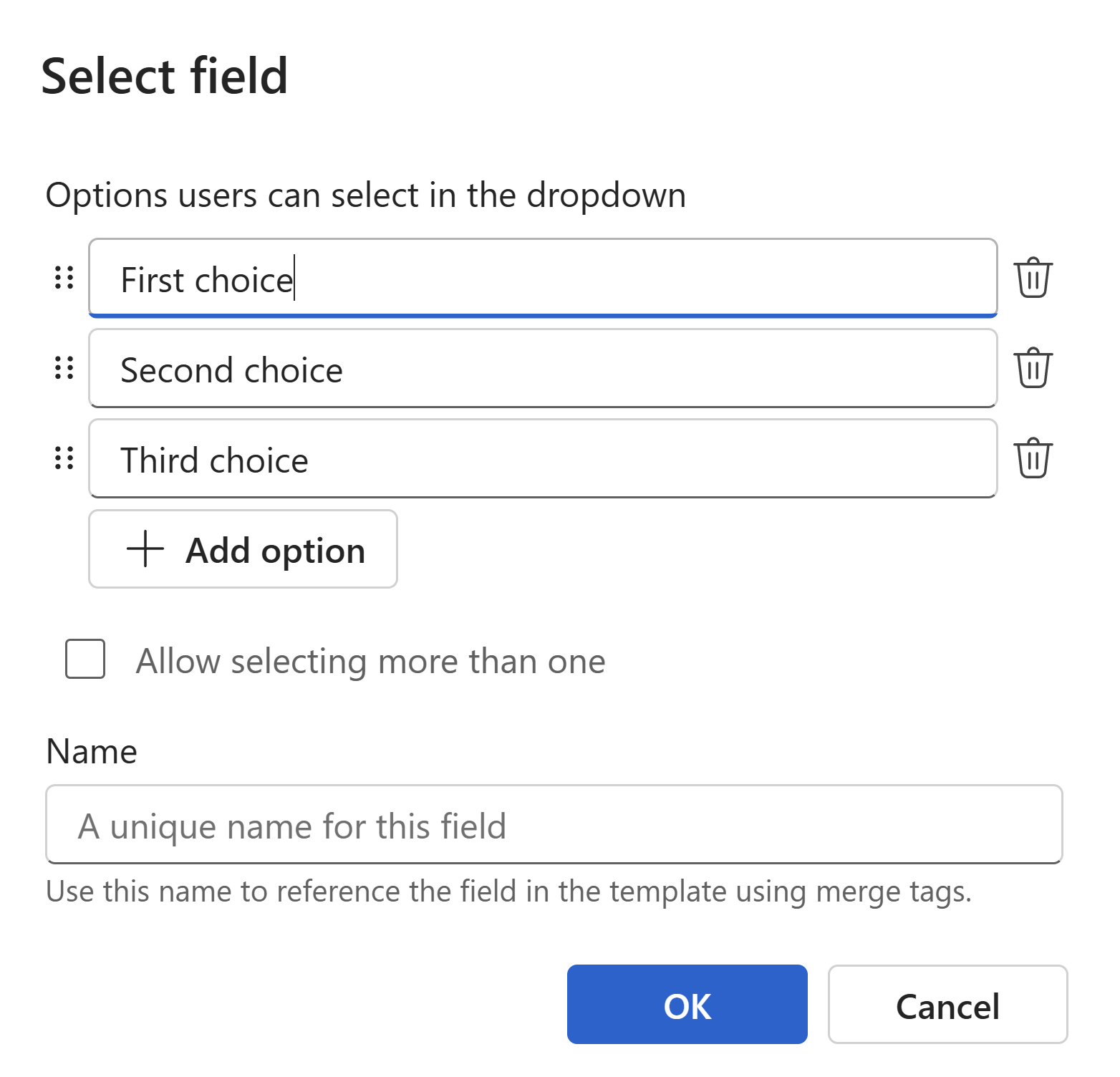Snippet select field dialog