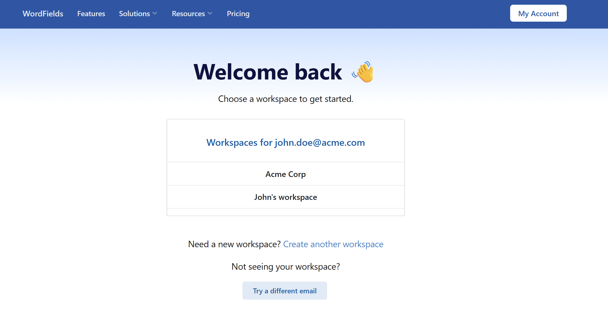 The WordFields workspace switcher