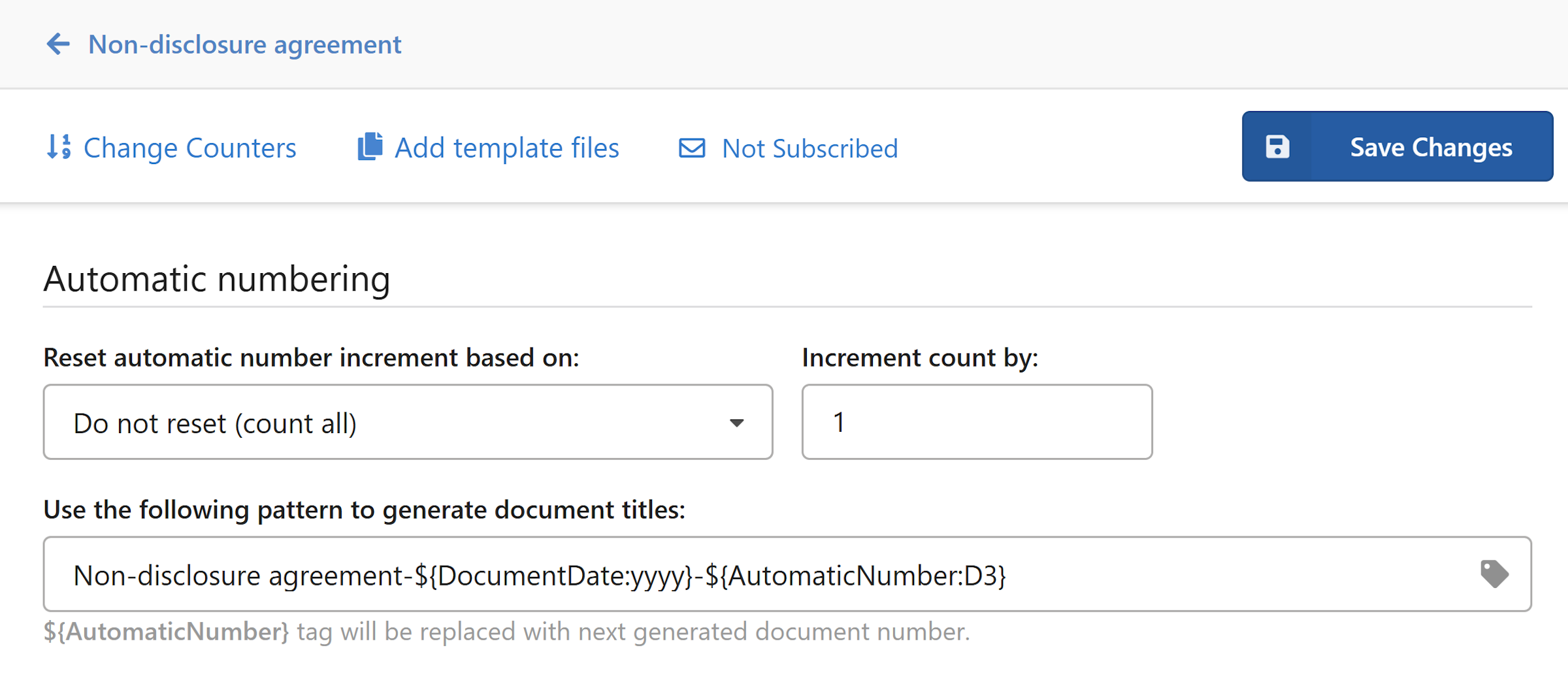 Setup automatic numbering for documents form