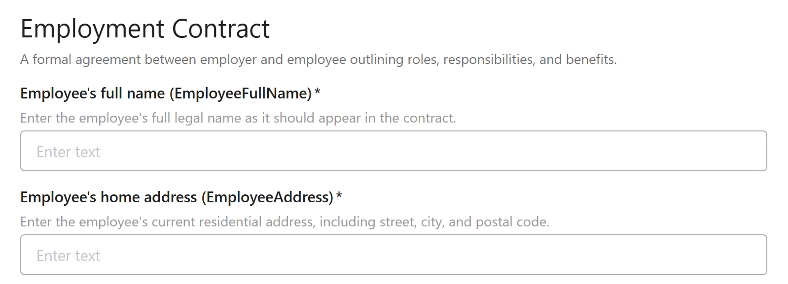 Form to fill-out fields on the template file before creating a document