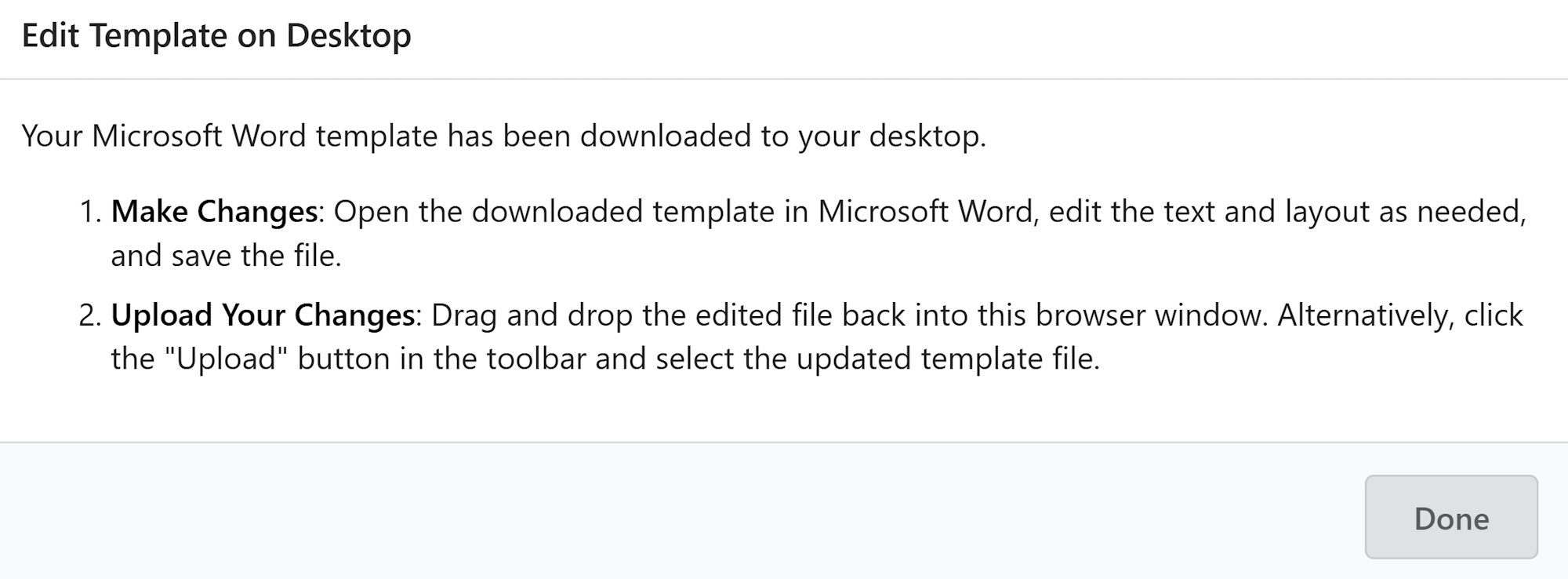 Dialog showing template is being edited on desktop