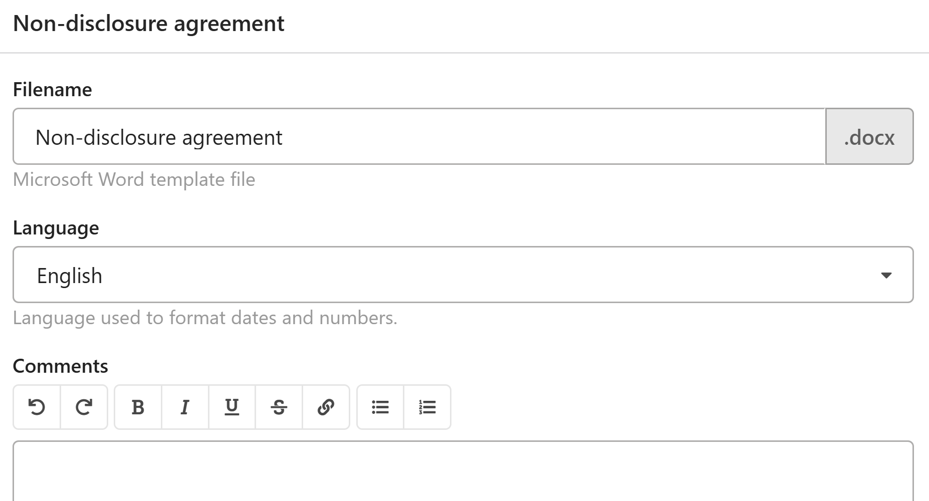 Properties dialog for template file