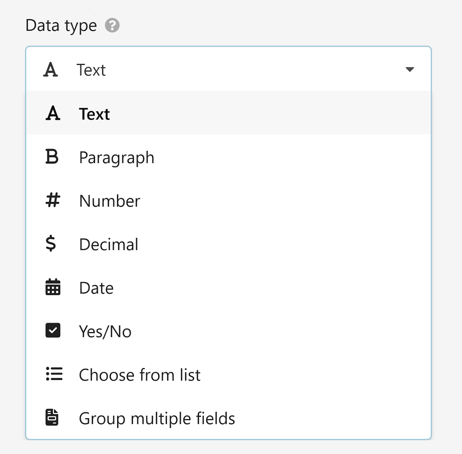 Choose a field type dropdown in template editor