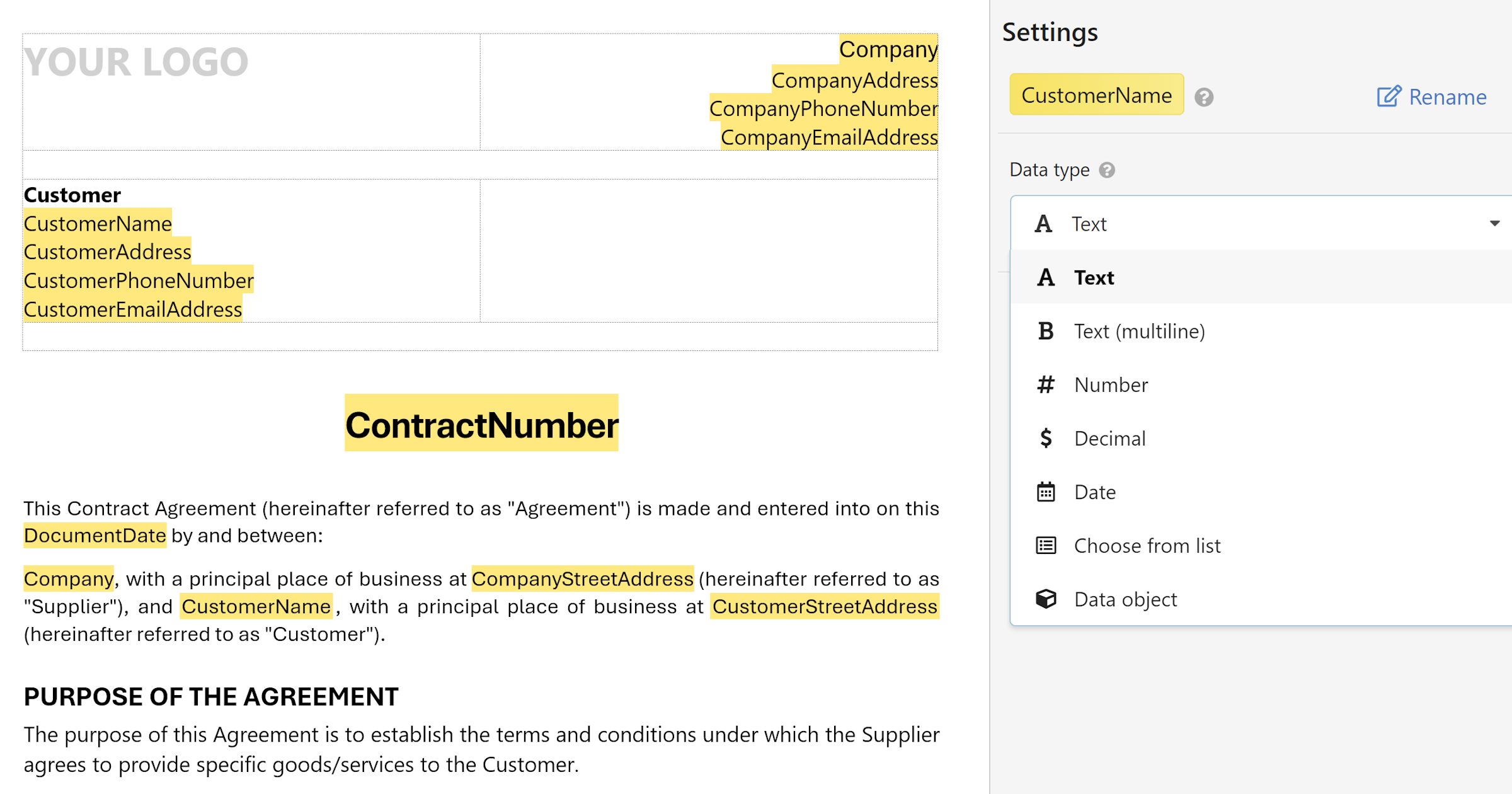 Template editor with merge fields