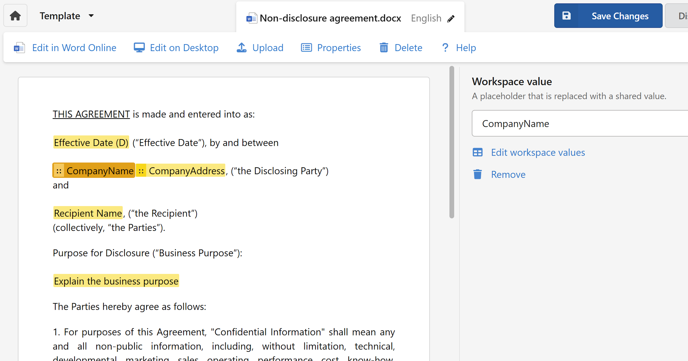 Adding fillable fields and merge tags to a template