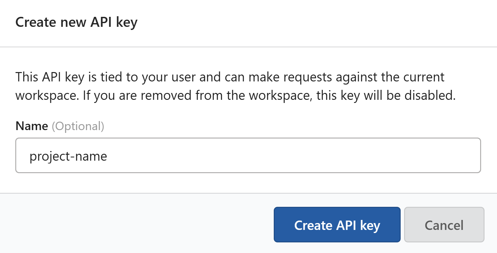 Create API key modal dialog