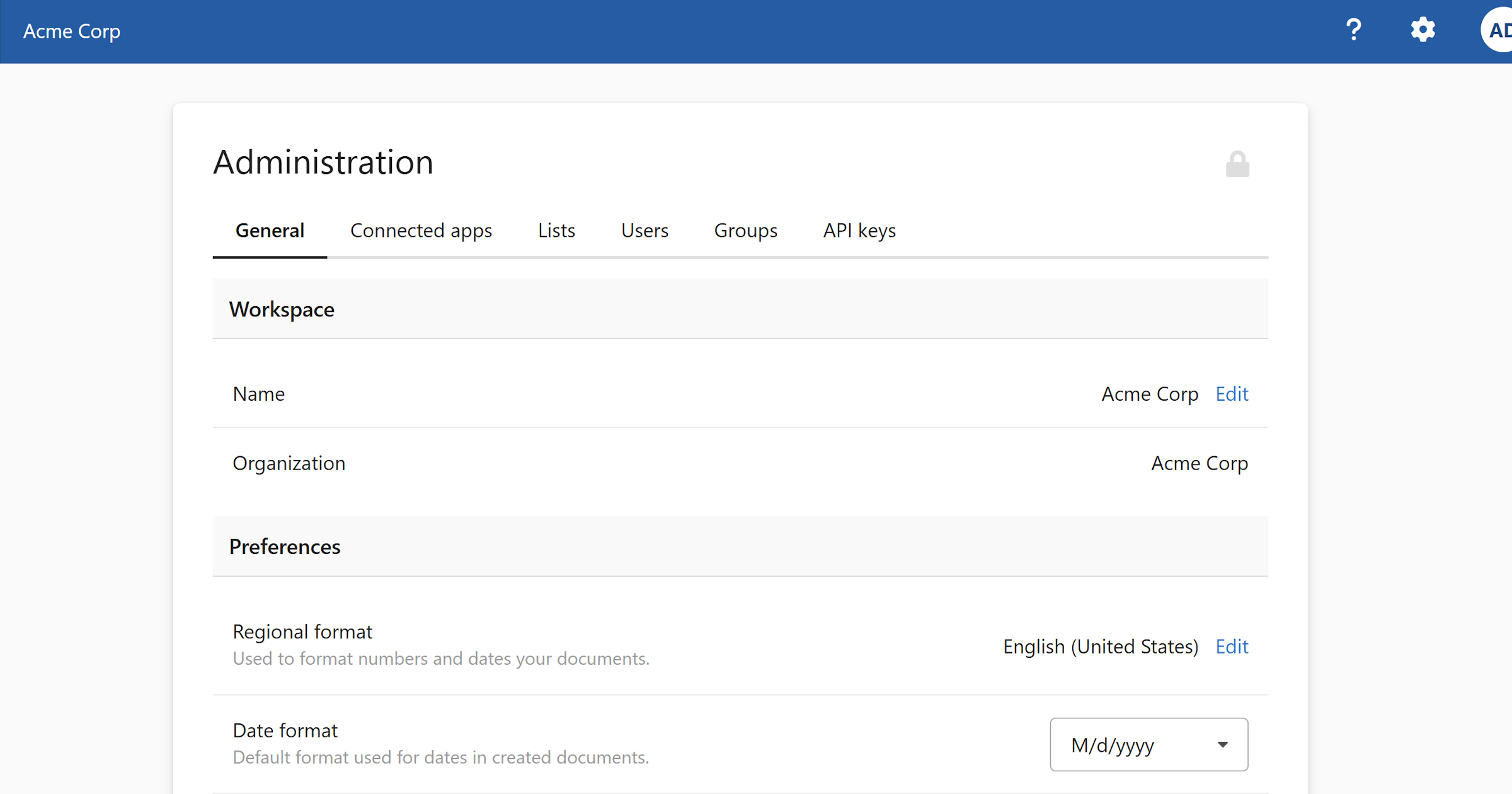 The WordFields workspace settings page
