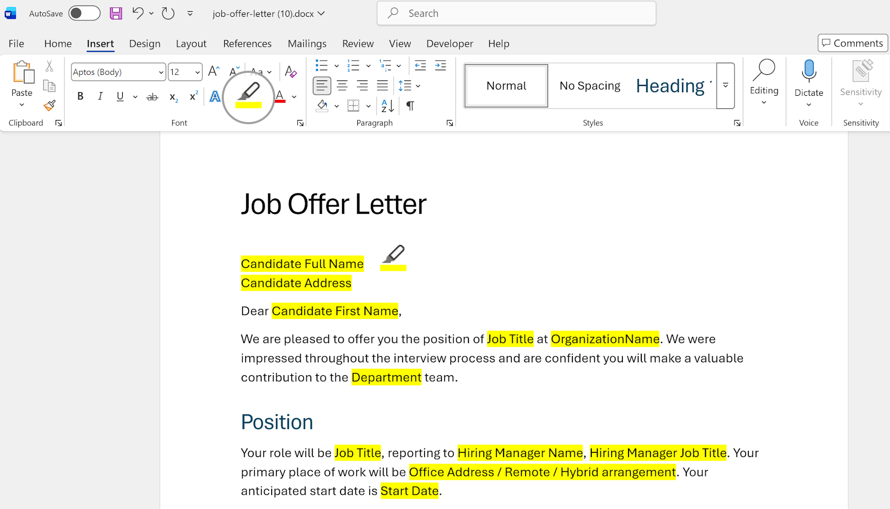 Yellow highlight parts that are changeable and upload to WordFields