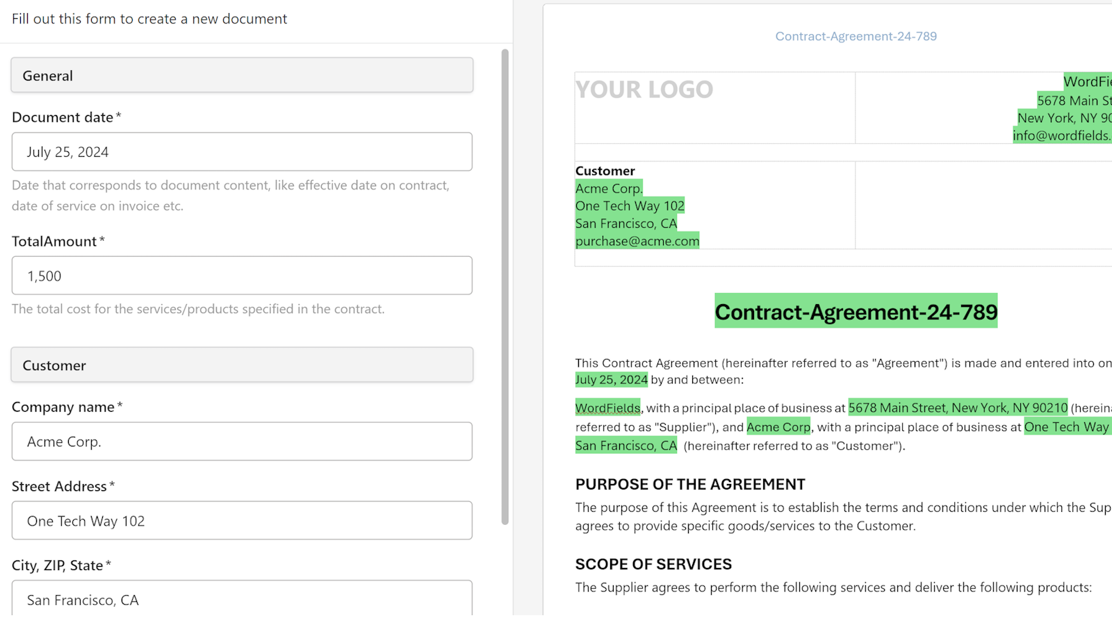 WordFields is a hub where you keep all your document templates as fill-out forms.