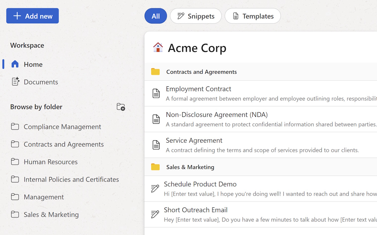 Shared text snippet workspace for teams in WordFields