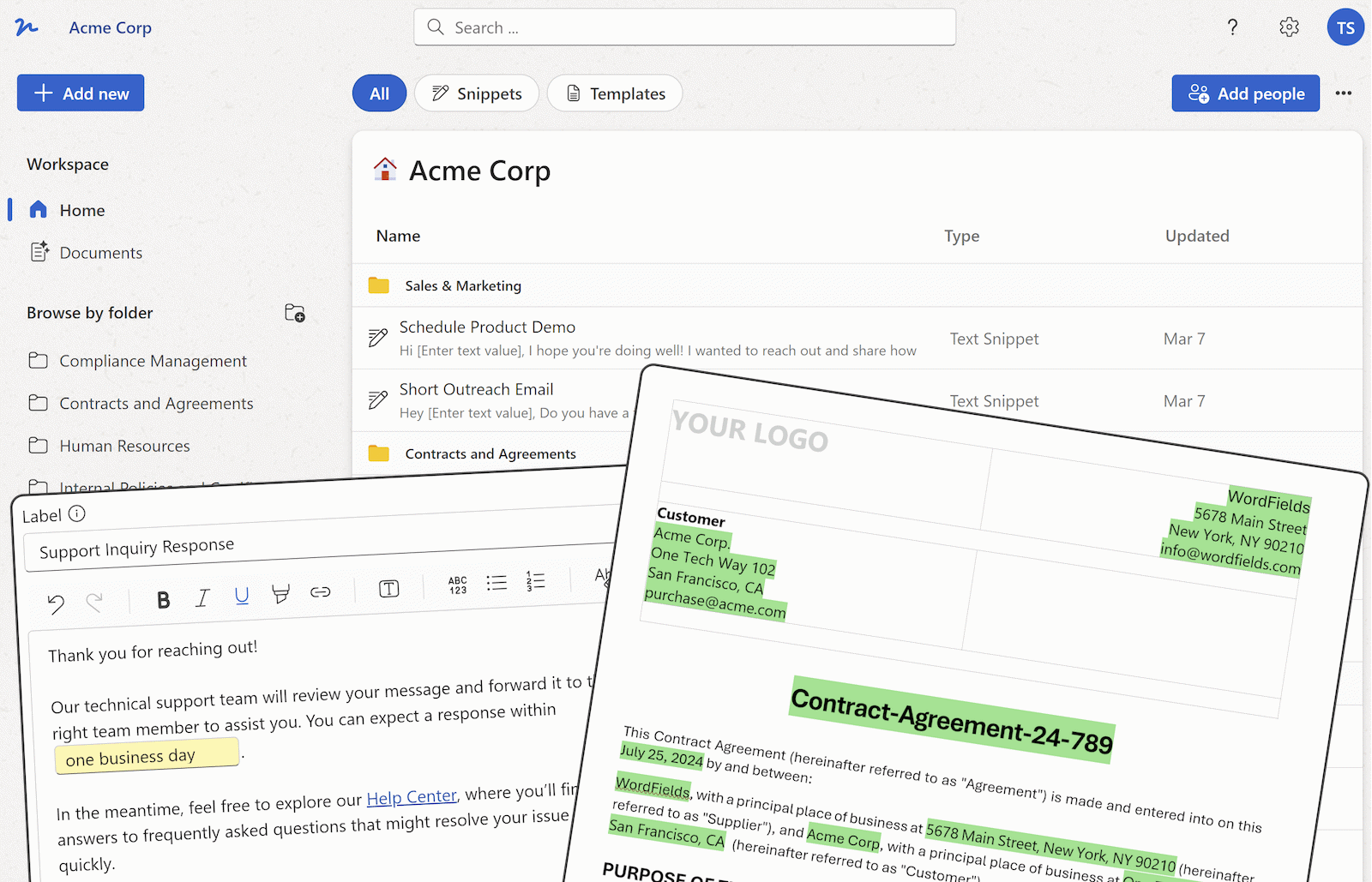 Text snippets for support, HR, sales, and operations teams